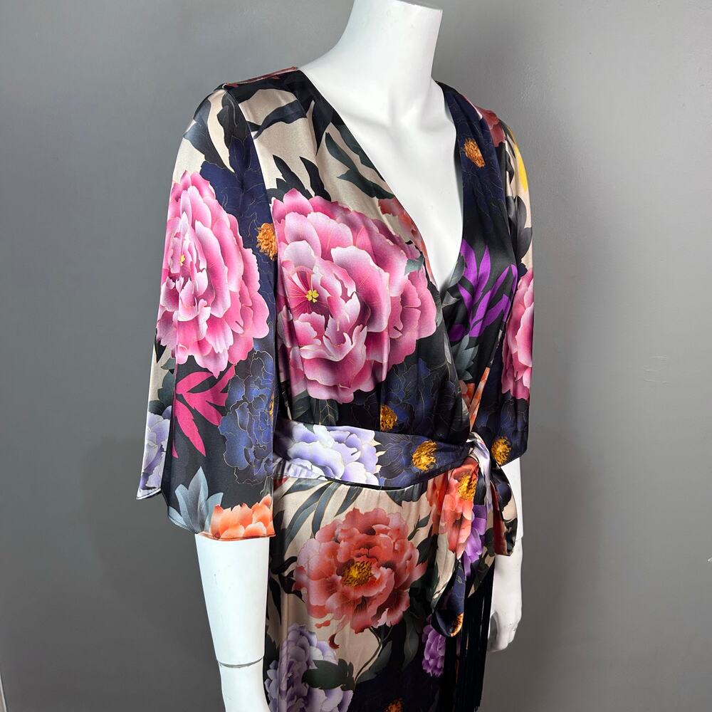 Kobi Halperin Wrap Dress XL Floral Silk-Blend Faux Kimono NWT Asian Fringe Boho - Picture 4 of 16
